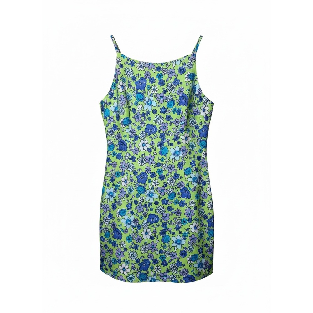 Vintage‎ All That Jazz Floral Mini Dress Green Blue 90s Sleeveless Size 13/14